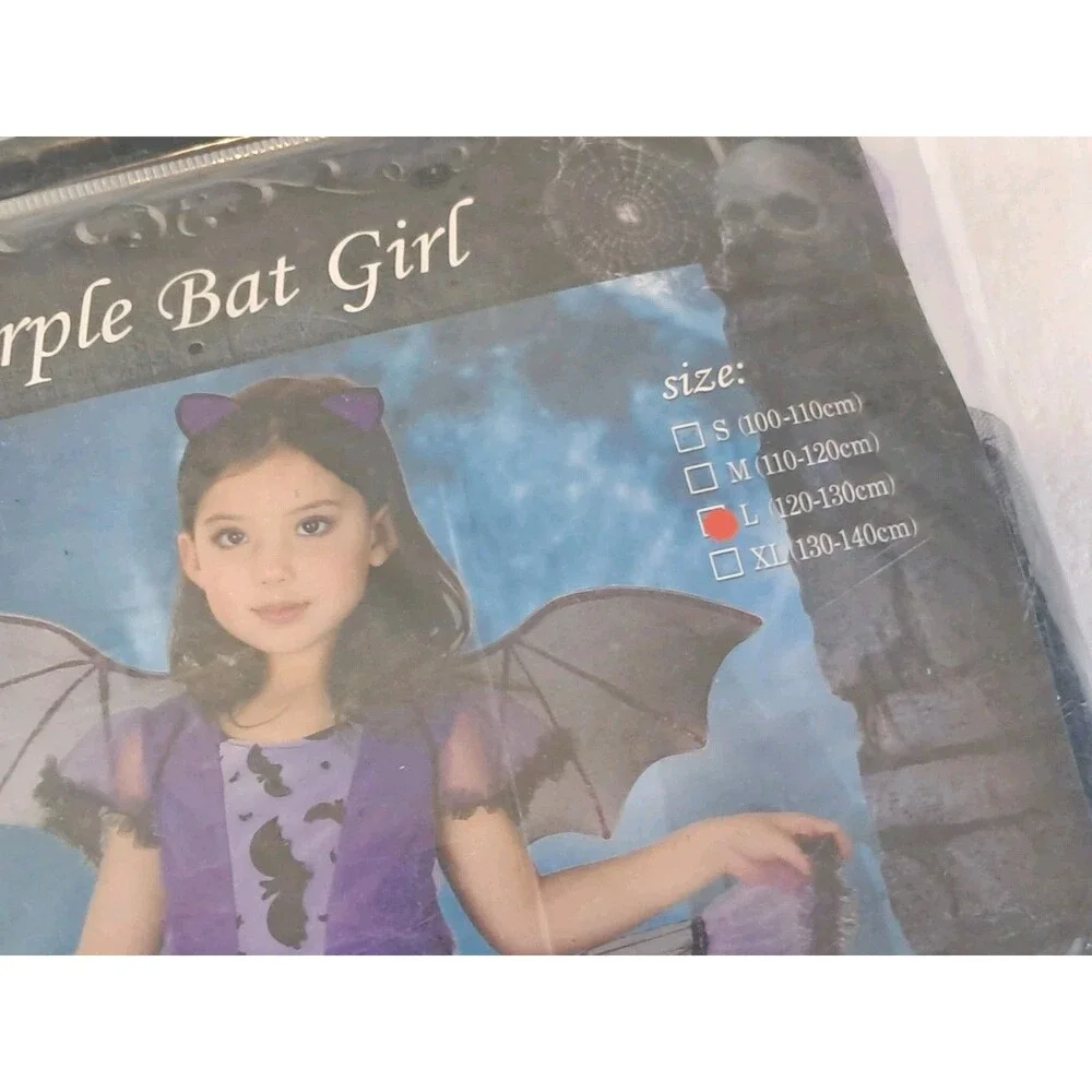 NEW Purple Bat Girl Size L Halloween Costume Dress Wings Headpiece Party